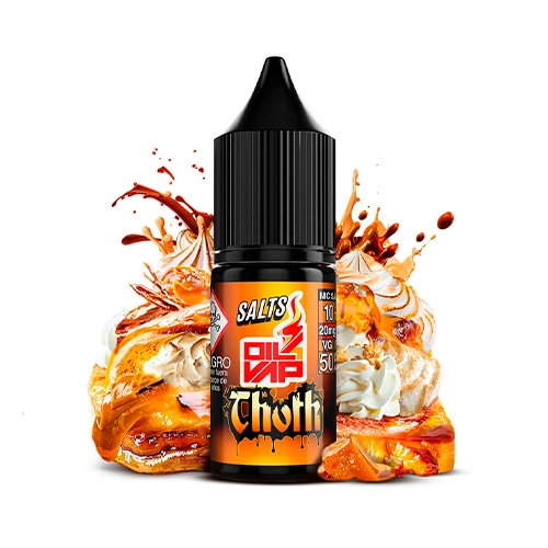 Frasco de Oil4Vap Thoth Salts con tapón negro y etiqueta naranja, ante dulces con crema y salpicaduras de tonos caramelo.