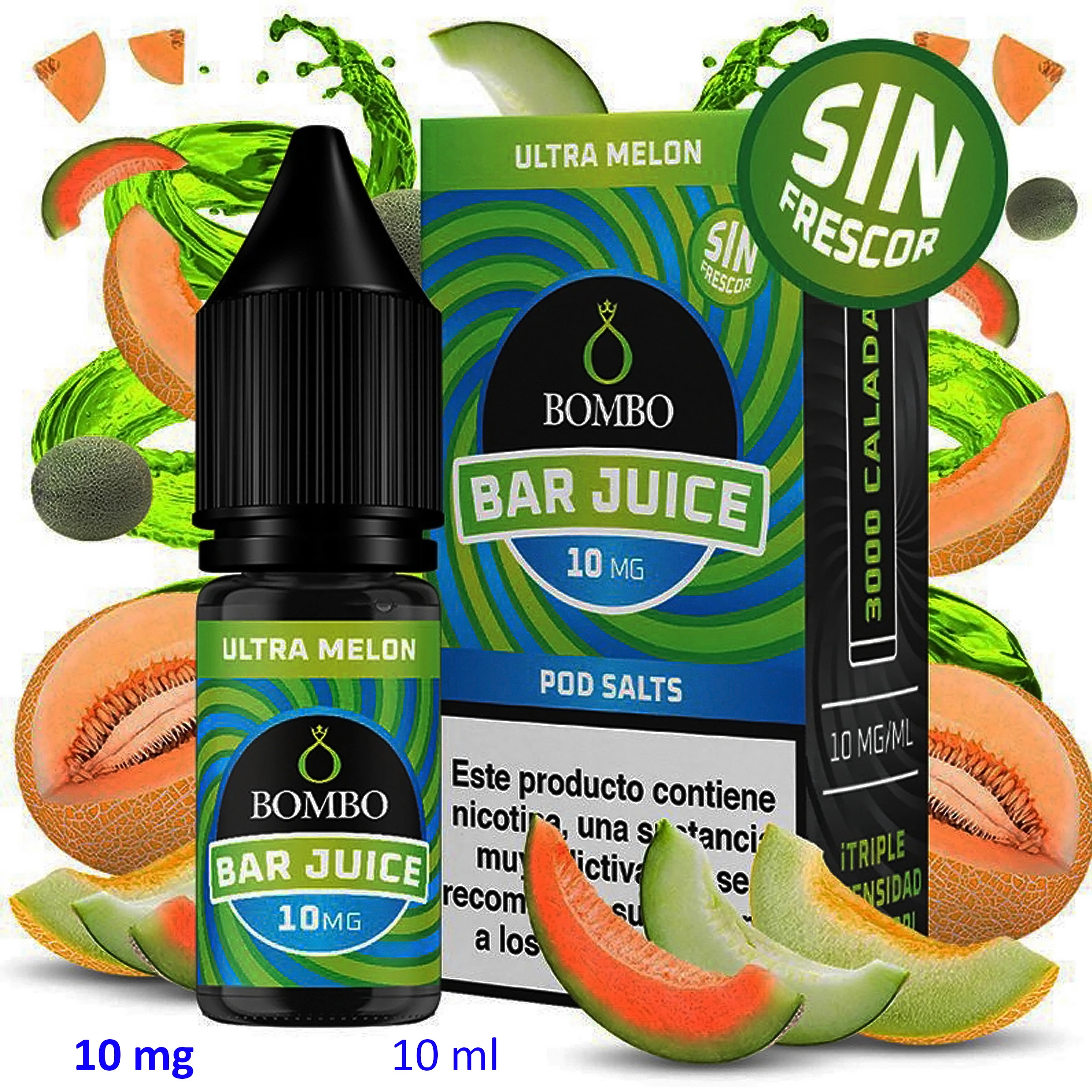 Frasco y caja de Bombo Bar Juice Ultra Melon de 10 ml y 10 mg/ml, con rodajas de melón y el texto «sin frescor».