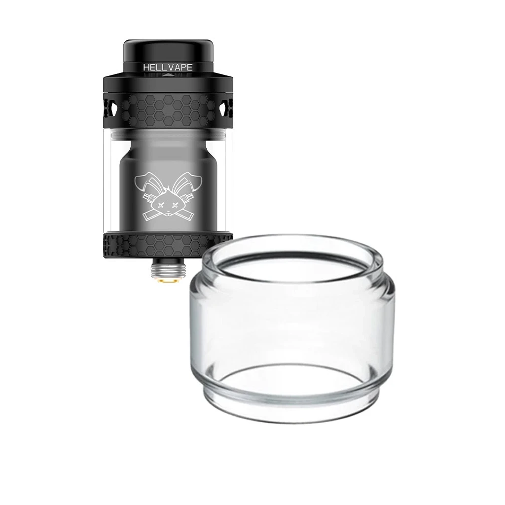 Cristal transparente abombado de recambio para Hellvape Dead Rabbit 4 RTA, junto a un atomizador negro sobre fondo blanco.
