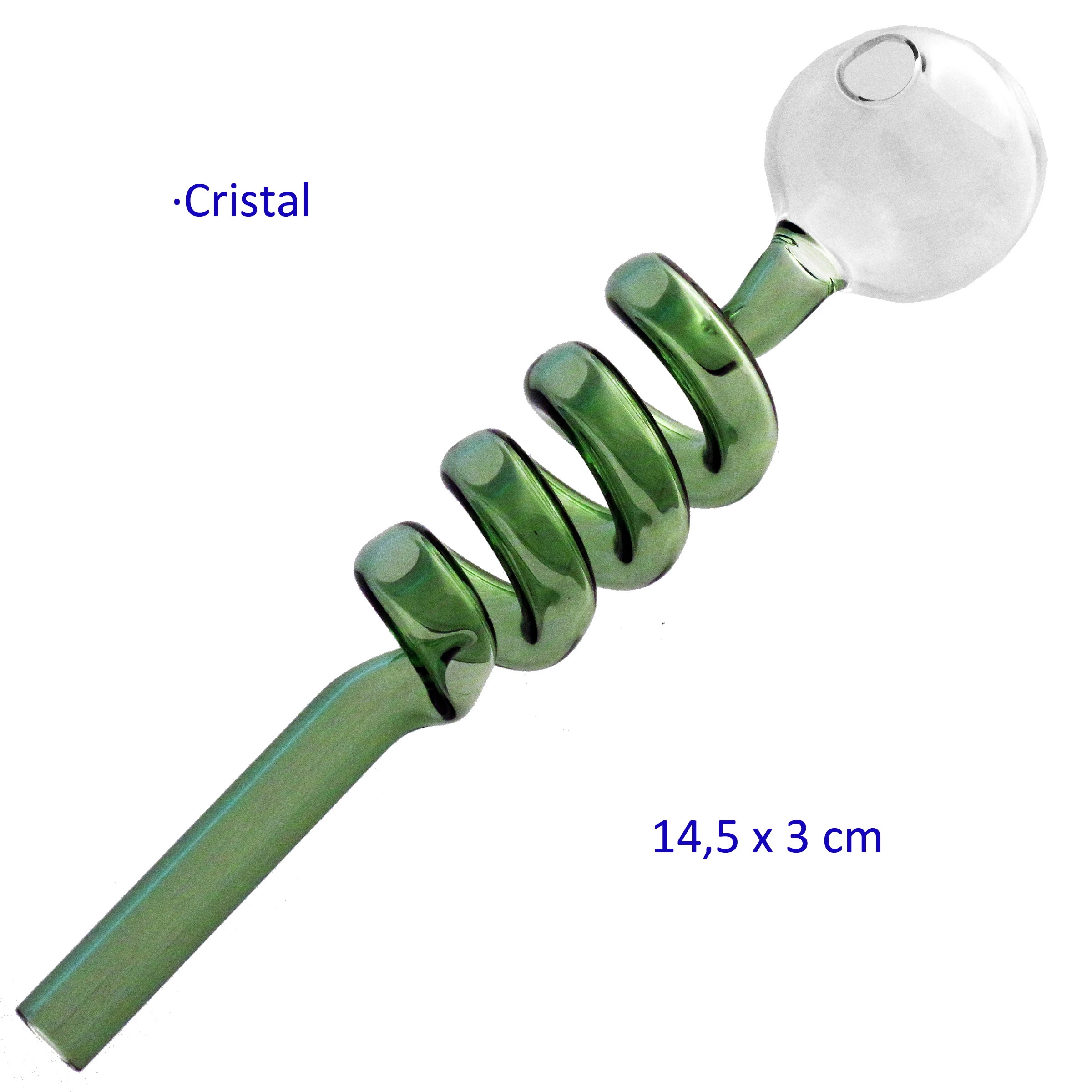 Pipa de cristal verde de 14,5 × 3 cm, con tubo en espiral y cazoleta esférica transparente, dispuesta en diagonal sobre fondo blanco.