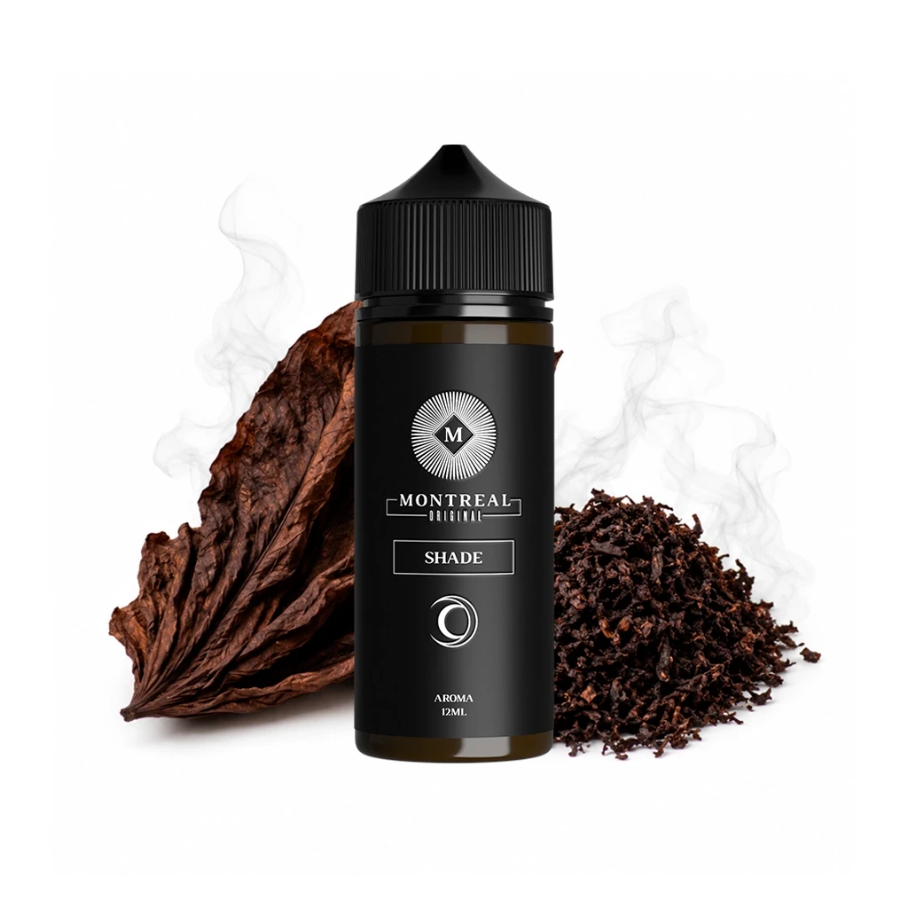 Botella Montreal Original Shade de 12 ml con etiqueta y tapón negros, junto a una hoja seca y tabaco picado sobre fondo blanco.