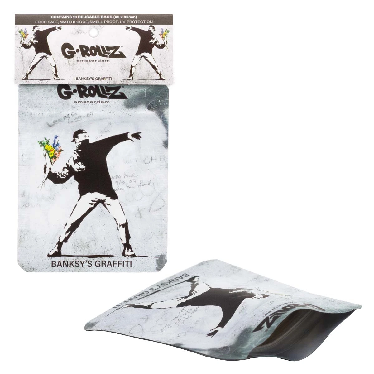 Bolsas G-Rollz Banksy Flower Thrower con figura lanzando flores, mostradas de frente y con el cierre abierto sobre fondo blanco.