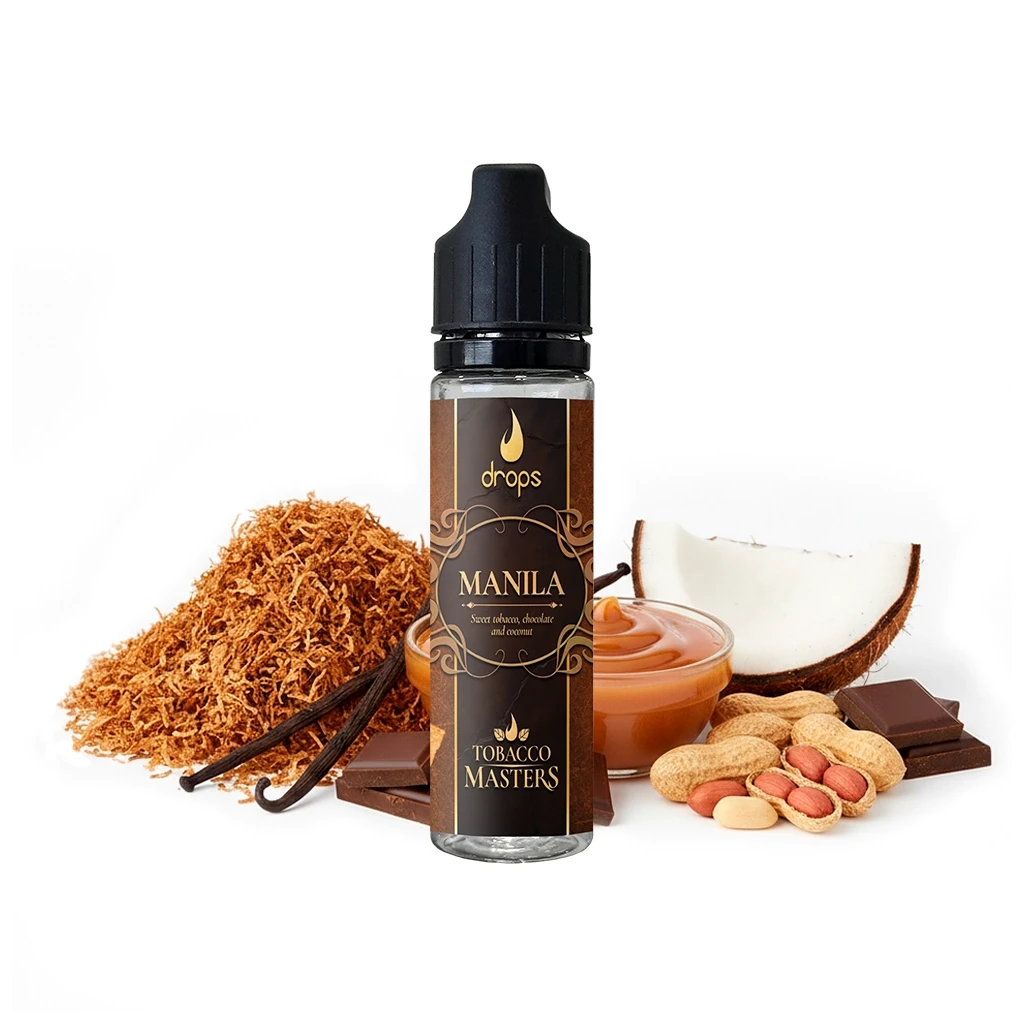 Frasco Drops Tobacco Masters Manila con tapón negro, rodeado de tabaco picado, vainas, coco, chocolate, cacahuetes y un cuenco de crema.