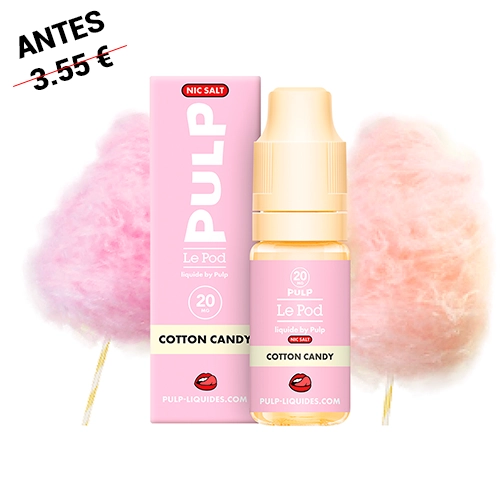 Frasco de Pulp Le Pod Salts Cotton Candy junto a su caja rosa, con tapón amarillo claro y algodones de azúcar al fondo.
