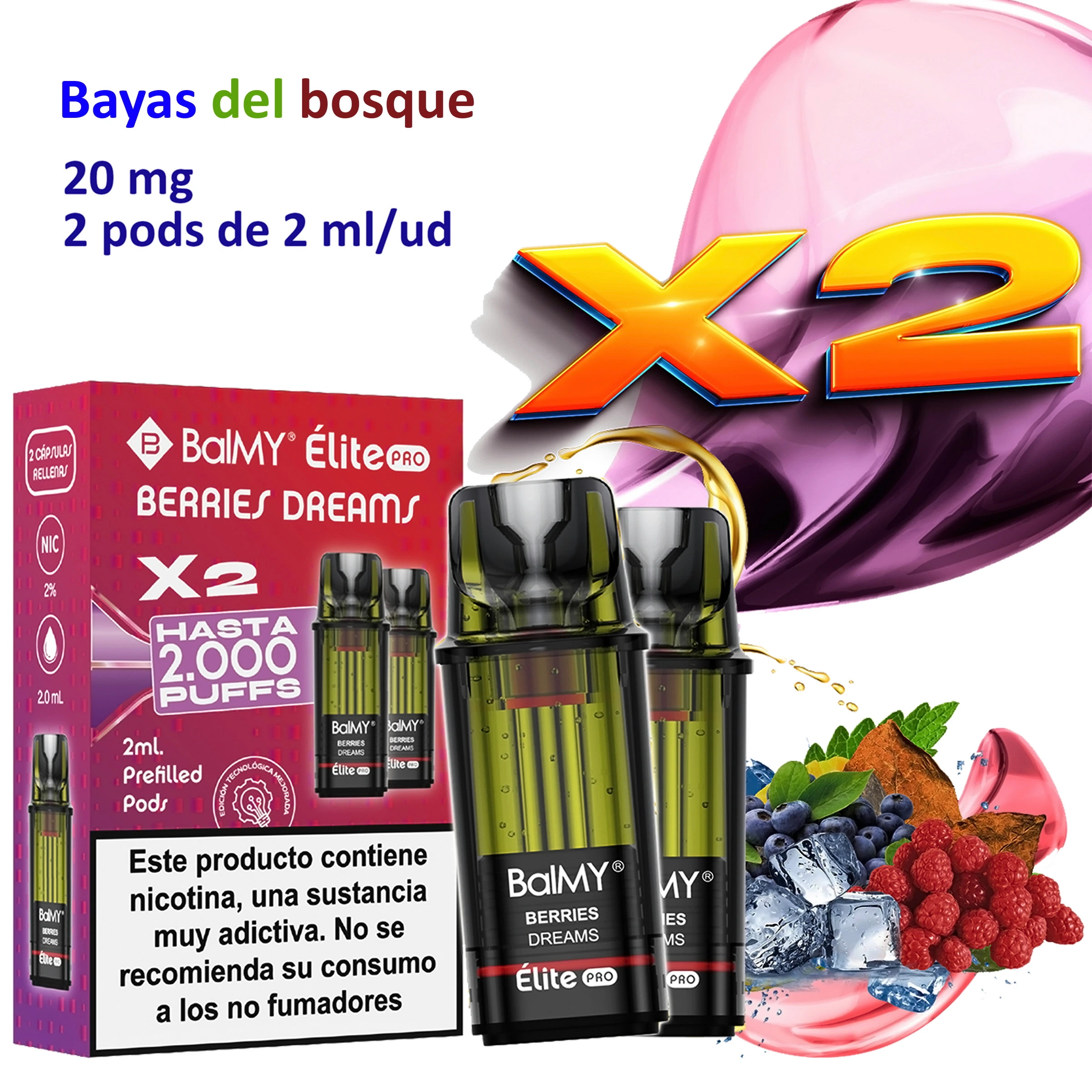 Pods BALMY ÉLITE PRO Berries Dreams junto a su caja, con texto de bayas del bosque, 20 mg, 2 pods de 2 ml y advertencia sobre nicotina.