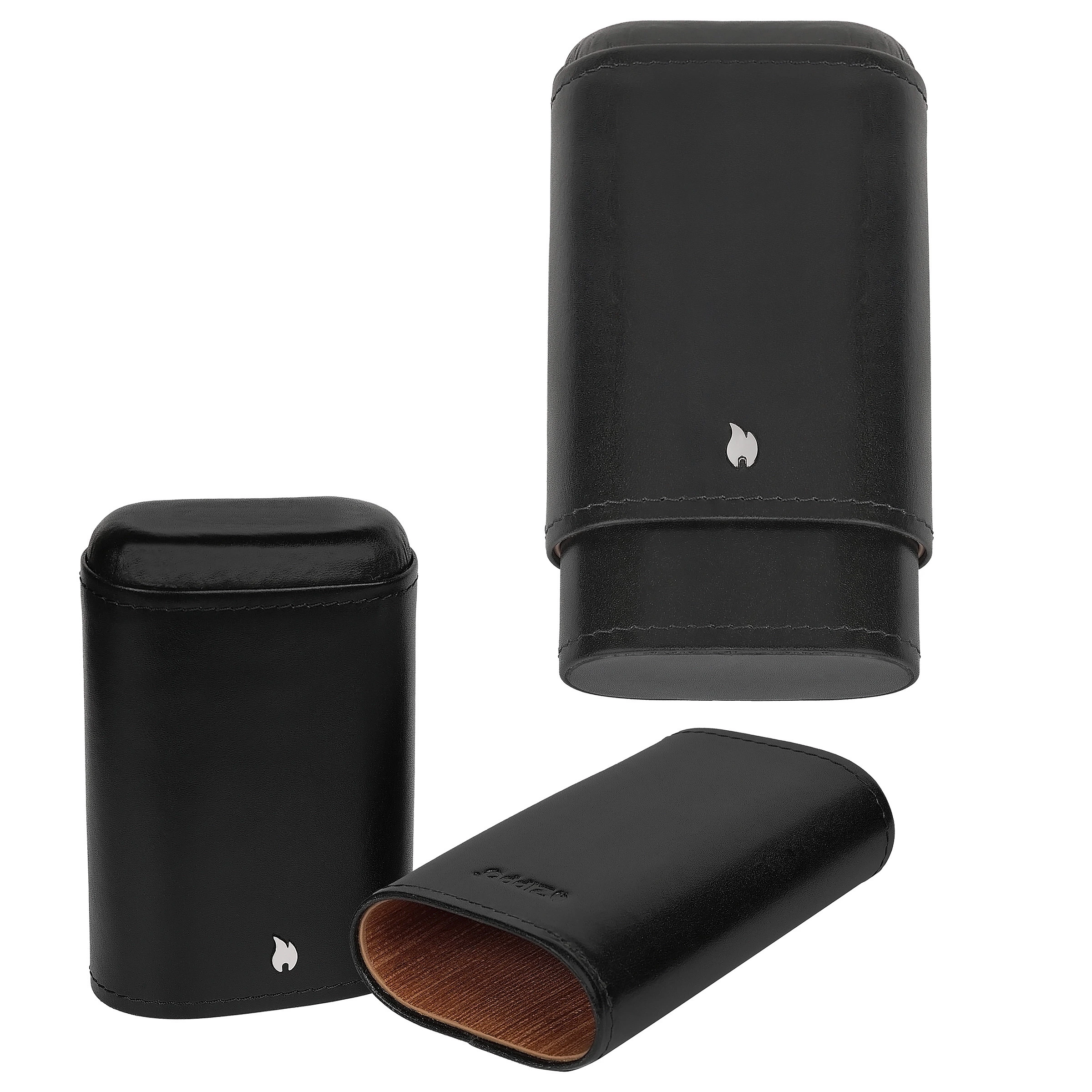 Purera Zippo Black mostrada cerrada y abierta, con exterior negro, costuras visibles, emblema de llama e interior marrón.