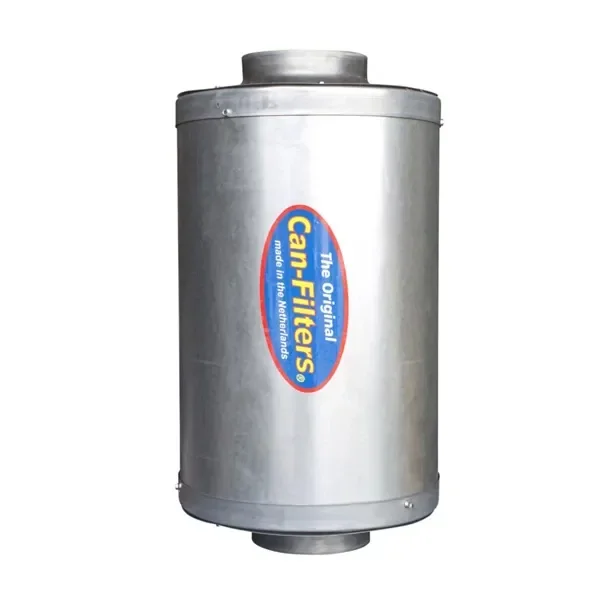 Silenciador para extractor CAN-Filters de cuerpo cilíndrico plateado, con bocas en ambos extremos y etiqueta ovalada central.