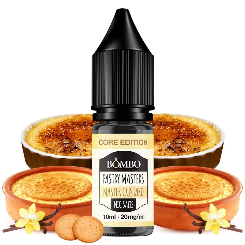 Frasco Master Custard de Bombo Core Edition, etiquetado 10 ml y 20 mg/ml, rodeado de postres de crema, galletas y vainilla.
