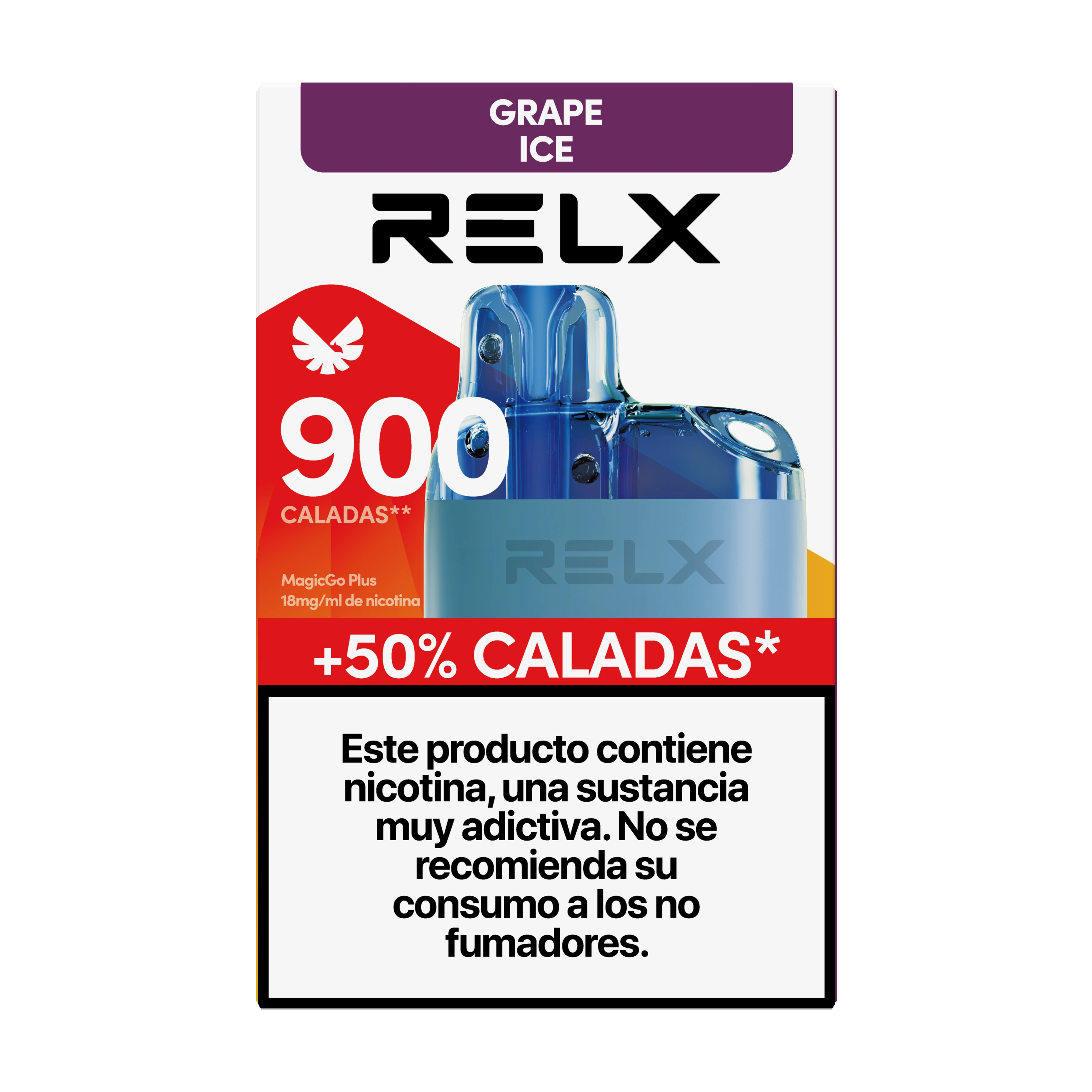 Caja de RELX MagicGo Plus Grape Ice con dispositivo azul, indicaciones de 900 caladas y 18 mg/ml de nicotina, y advertencia de adicción.