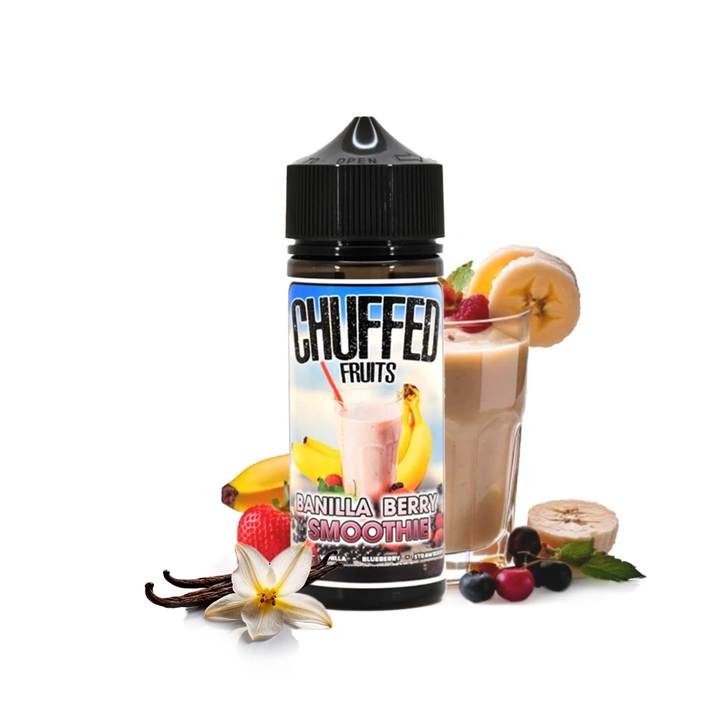 Frasco Chuffed Fruits Banilla Berry Smoothie con tapón negro, junto a un batido, plátano, frutos rojos y una flor de vainilla.