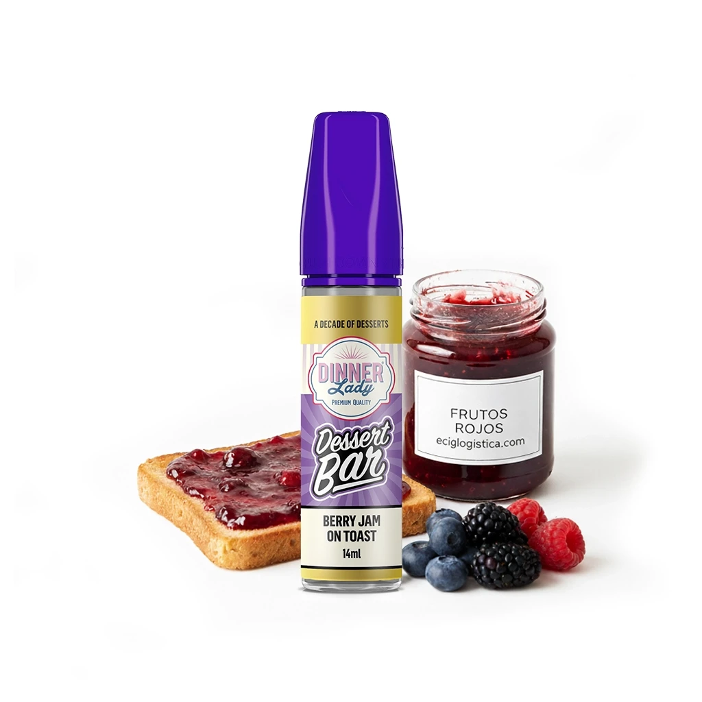 Frasco Dinner Lady Berry Jam On Toast de 14 ml con tapón morado, junto a una tostada con mermelada, un tarro y frutos rojos.