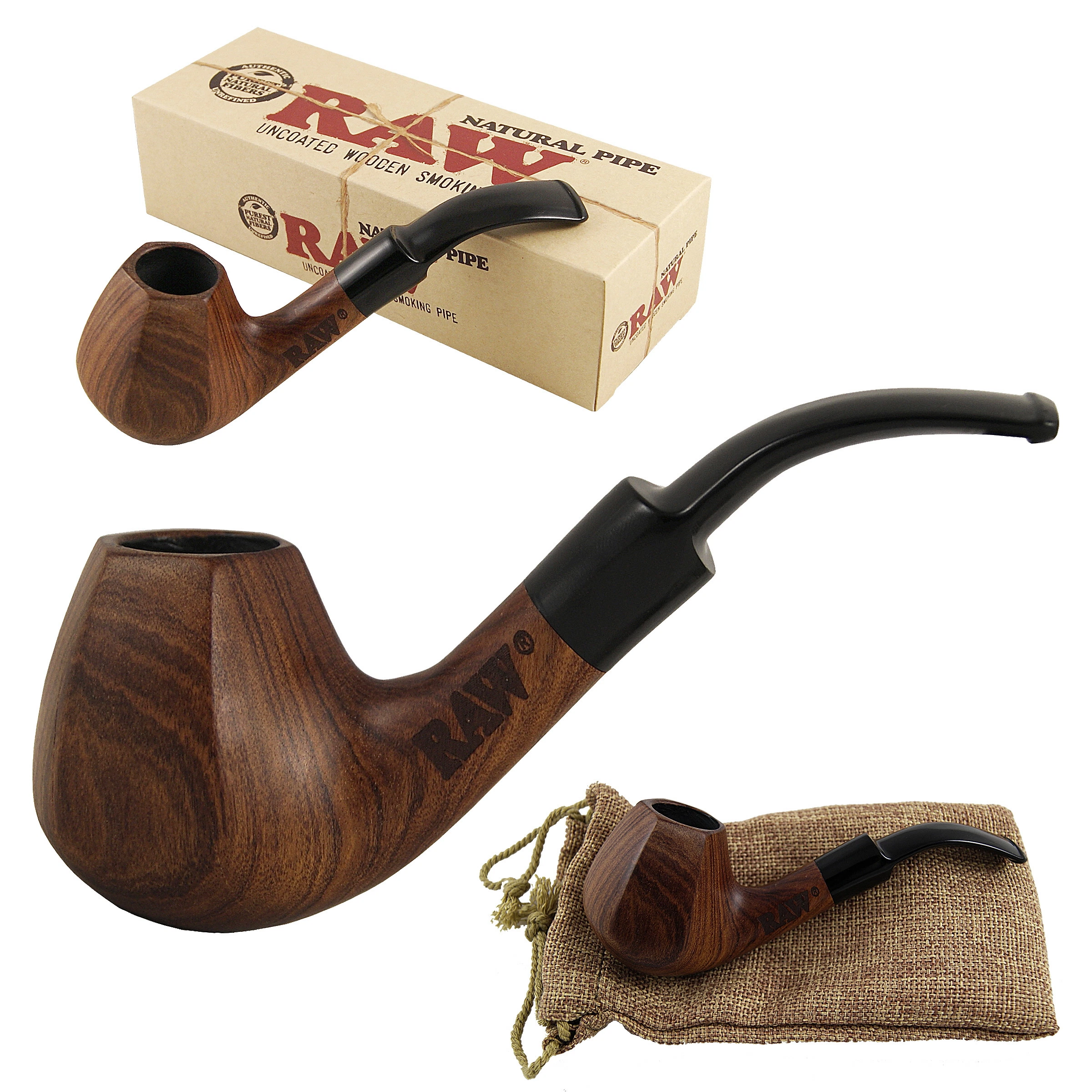 Pipa RAW de madera marrón con boquilla negra curvada, mostrada desde distintos ángulos junto a una caja y una bolsa de tela.