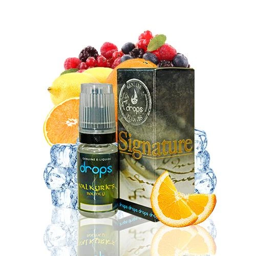 Frasco Drops Signature Valkyrie's Bounty junto a su caja, rodeado de cítricos, frutos rojos y cubitos de hielo sobre fondo blanco.