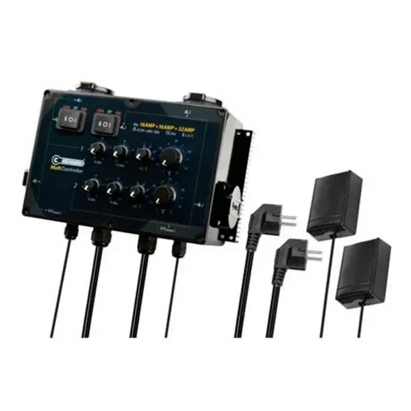 Controlador Climate Multi-Controller con interruptores, mandos giratorios y cables, junto a enchufes y módulos negros.