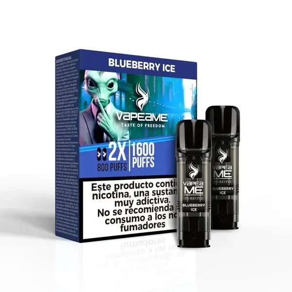 Cápsulas negras To Revive Blueberry Ice junto a una caja azul Vapeame con ilustración de un alienígena y advertencia sobre nicotina.
