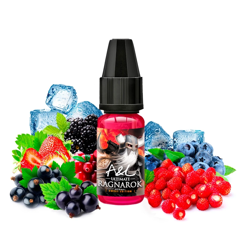Frasco rojo de A&L Ultimate Ragnarok Sweet Edition con tapón negro, rodeado de frutos rojos, bayas y cubitos de hielo.