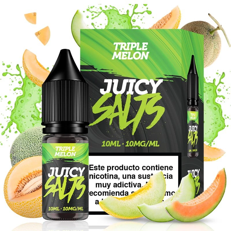 Frasco y caja de Juicy Salts Triple Melon entre rodajas de melón y salpicaduras verdes; la etiqueta indica 10 ml y 10 mg/ml.