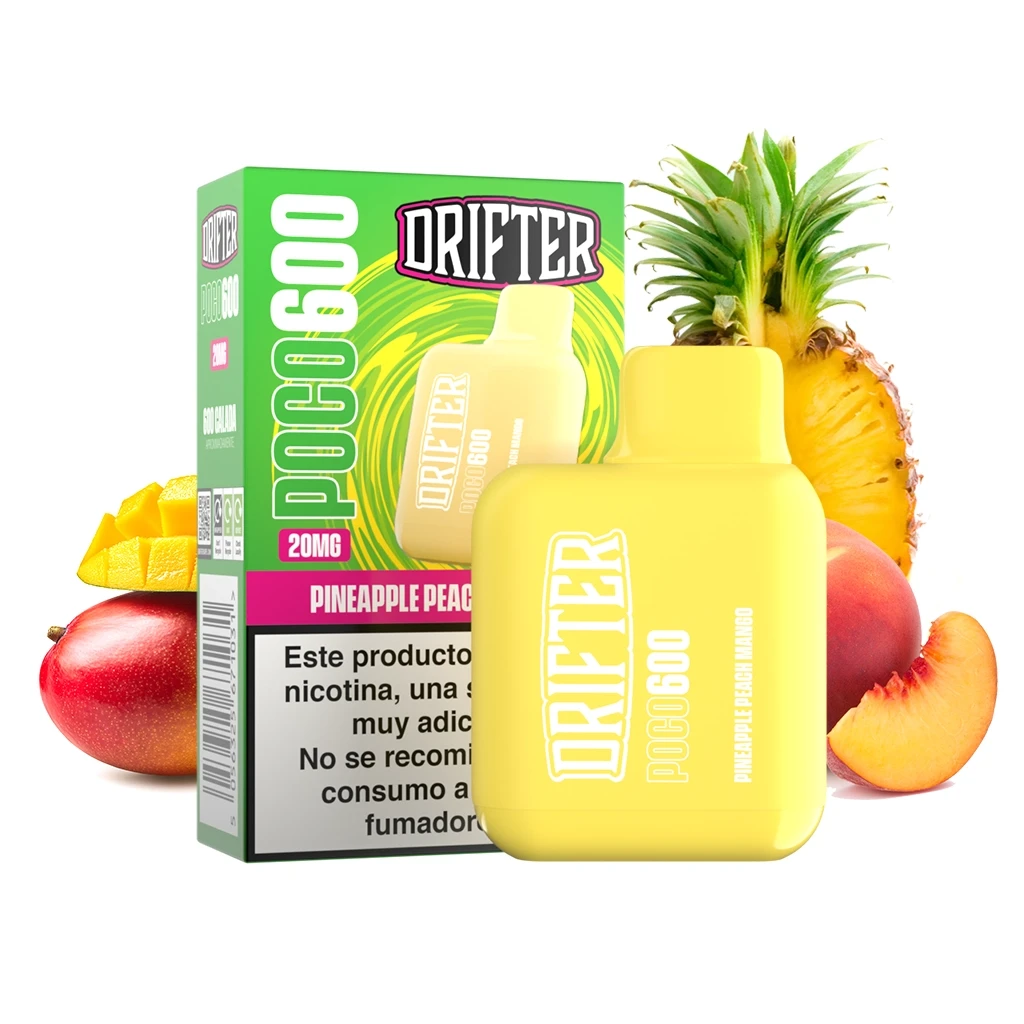 Vaper amarillo Drifter Poco 600 Pineapple Peach Mango junto a su caja verde, con piña, melocotón y mango sobre fondo blanco.