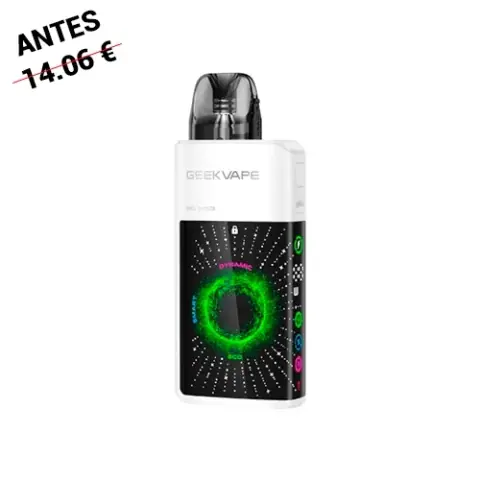 Geekvape Digi Q Vista Pod Kit blanco, con boquilla oscura y pantalla negra con un círculo verde y gráficos de colores.