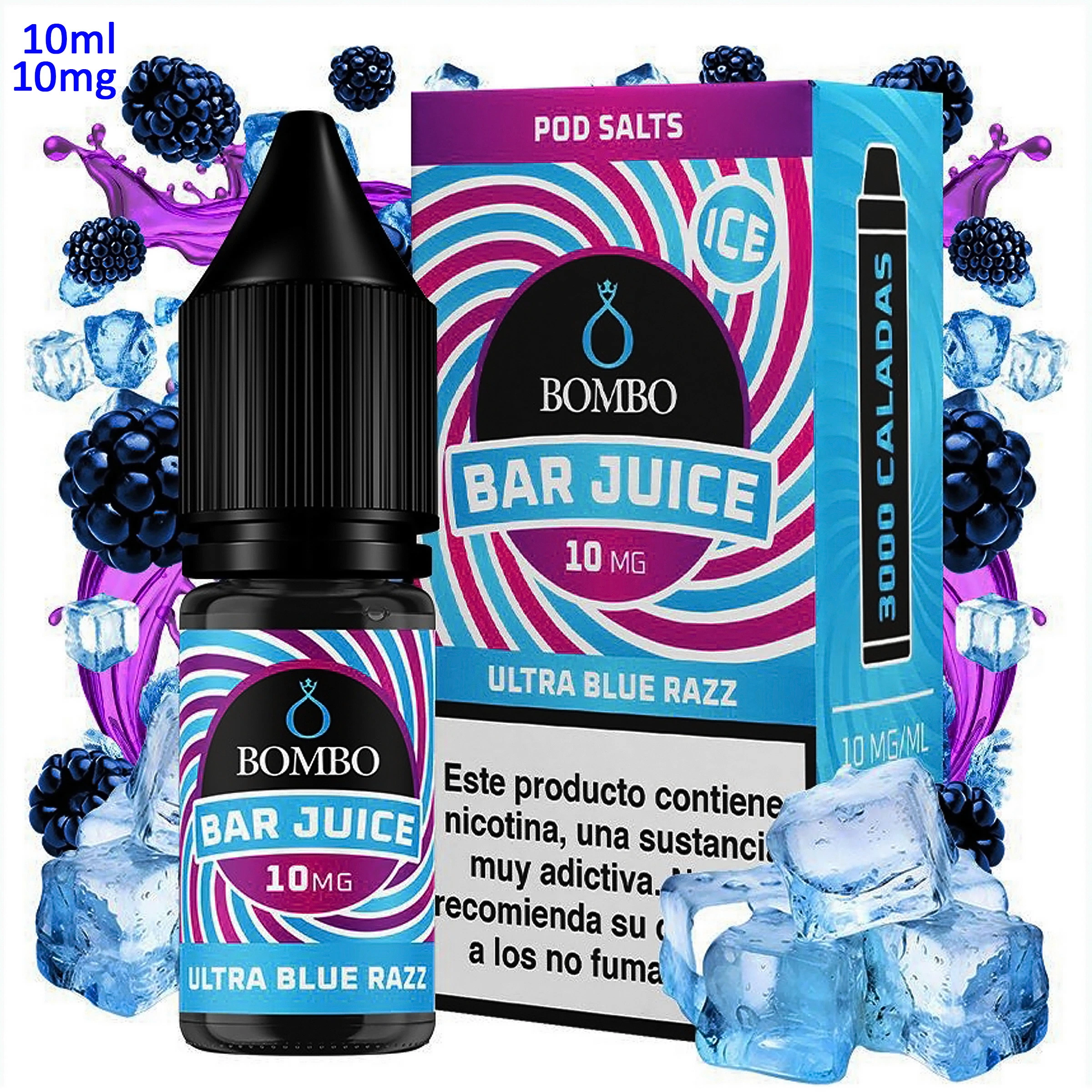 Frasco y caja de Bar Juice by Bombo Ultra Blue Razz Ice, con etiquetas de 10 ml y 10 mg/ml, rodeados de moras y cubitos de hielo.