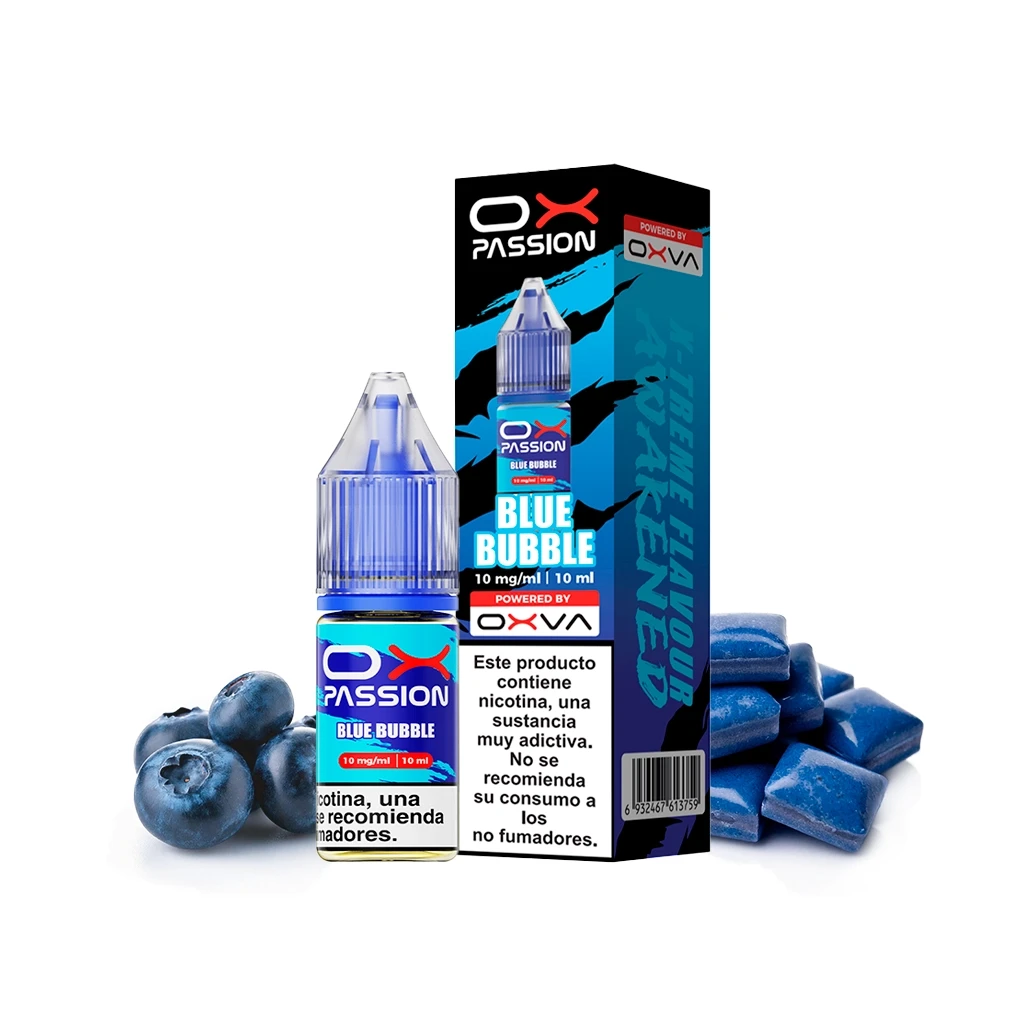Frasco y caja de Oxva Ox Passion Blue Bubble de 10 ml, con diseño azul, aviso de nicotina, arándanos y piezas azules alrededor.