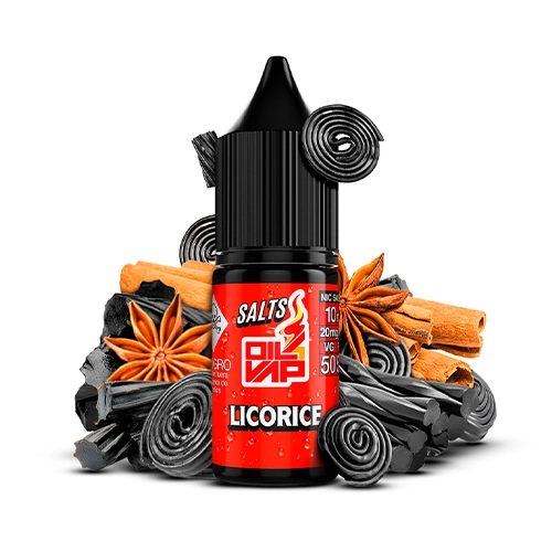 Frasco de Oil4Vap Salts Licorice con etiqueta roja y tapón negro, rodeado de espirales de regaliz, anís estrellado y ramas de canela.