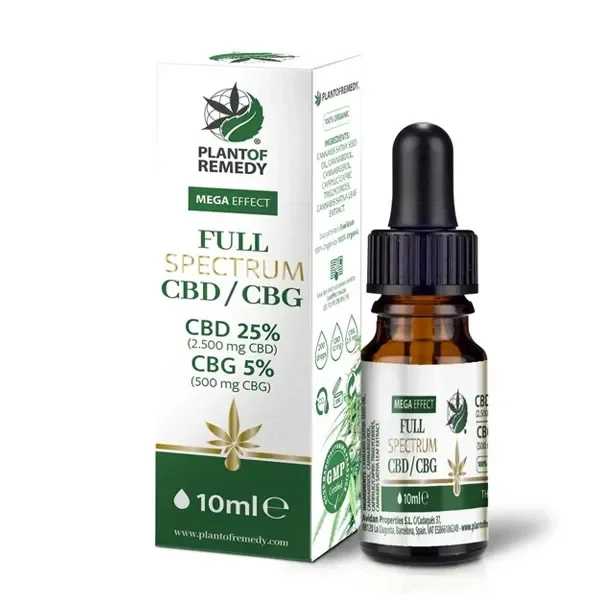 Frasco ámbar con cuentagotas y caja blanca y verde Plantof Remedy, etiquetados Full Spectrum, CBD 25 %, CBG 5 % y 10 ml.