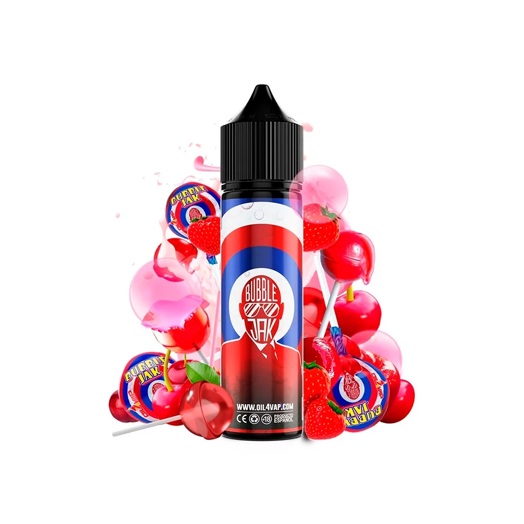 Bote de Oil4vap Bubble Jak con tapón negro y etiqueta roja y azul, rodeado de fresas, cerezas, piruletas y burbujas rosas.