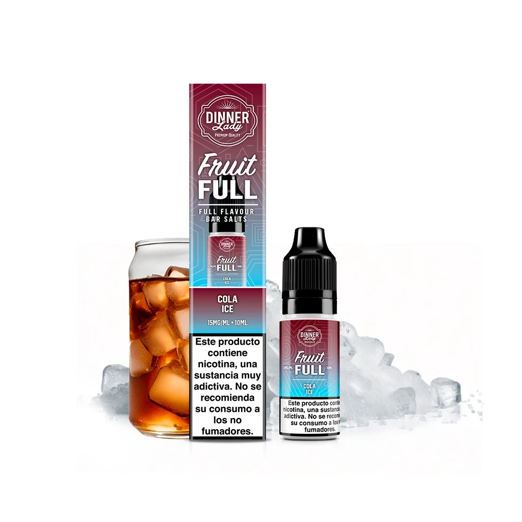 Frasco y caja de Dinner Lady Fruit Full Cola Ice, con etiqueta de 15 mg/ml y 10 ml, junto a un vaso de cola y hielo.