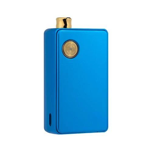 Pod DotAIO de Dotmod azul, de cuerpo rectangular con botón circular y boquilla dorados, sobre fondo blanco.