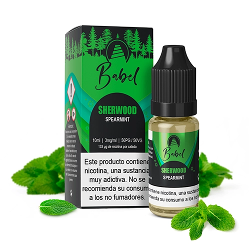 Frasco Babel Sherwood de 10 ml con tapón negro junto a su caja verde y negra, con texto Spearmint y hojas de menta alrededor.