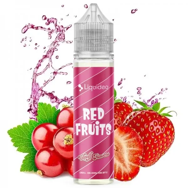Frasco Longfill Wpuff Flavors Red Fruits de Liquideo con etiqueta rosa, rodeado de fresas, frutos rojos y salpicaduras rosas.