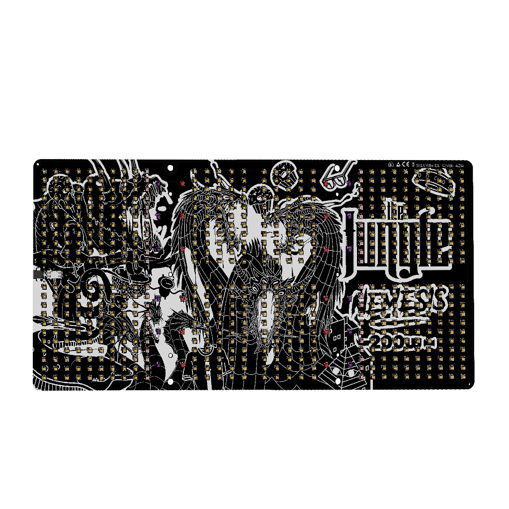 Luminaria LED Jungle Jackson Nemesis vista de frente, con placa rectangular negra, filas de diodos y dibujos blancos sobre fondo blanco.