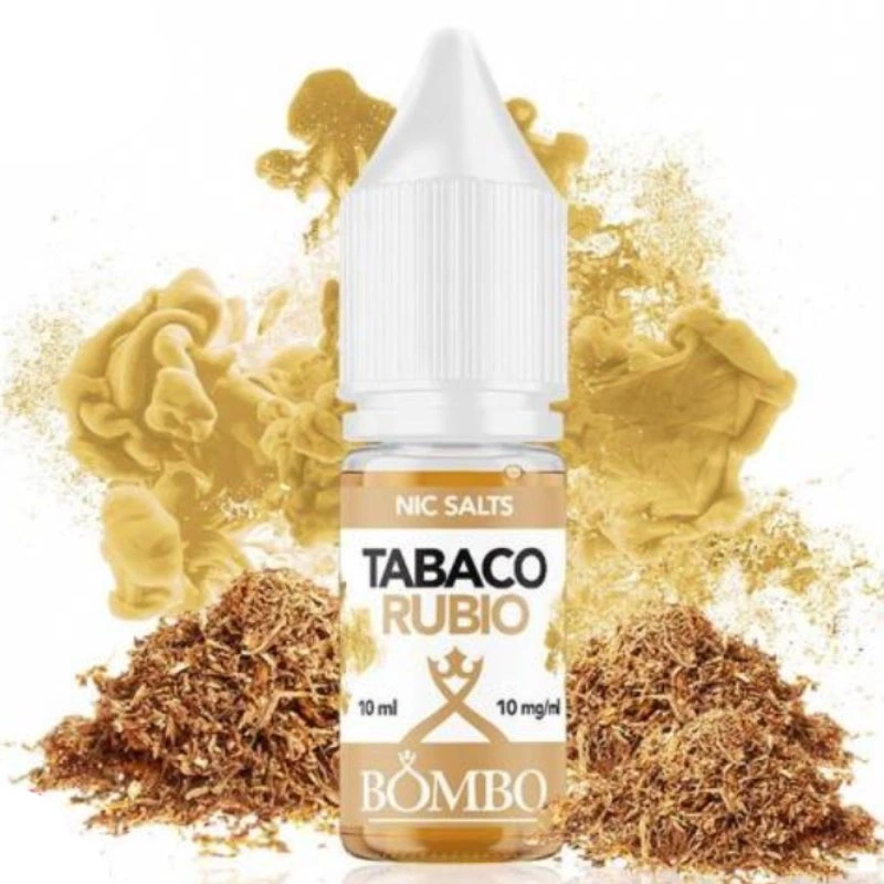 Frasco de Tabaco Rubio Nic Salts de Bombo con tapón blanco, etiqueta de 10 ml y 10 mg/ml, entre montones de tabaco y nubes doradas.