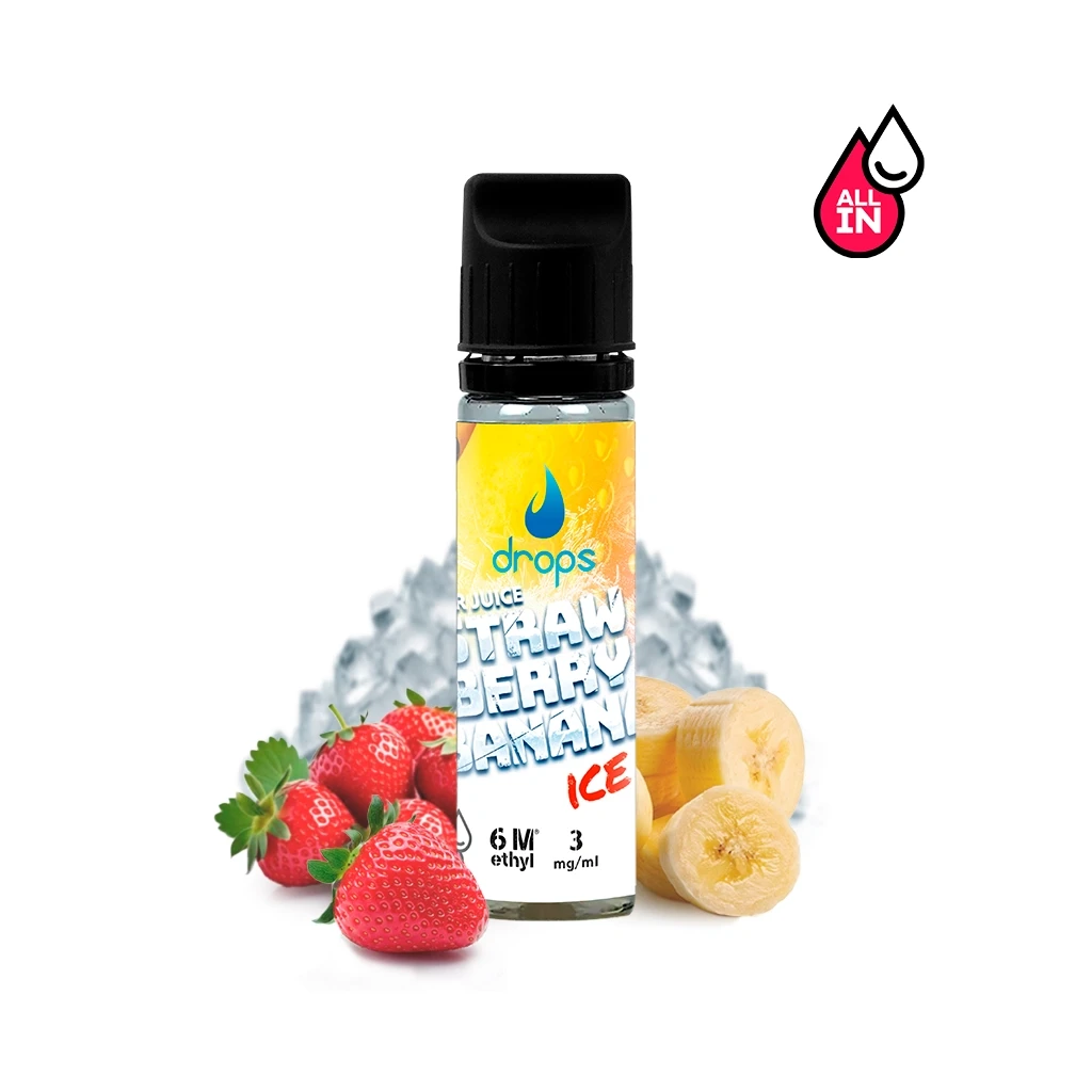 Frasco Drops Strawberry Banana Ice con tapón negro y etiqueta amarilla, rodeado de fresas, trozos de plátano y hielo.
