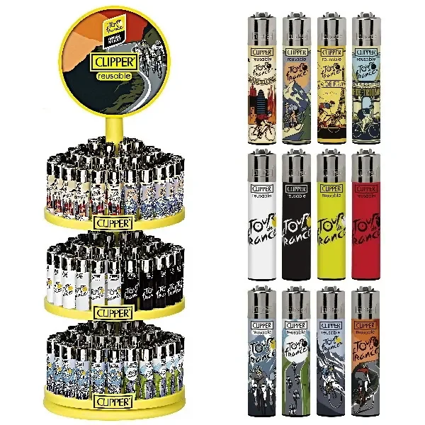 Carrusel amarillo Clipper Tour de Francia junto a una selección de encendedores con diseños de ciclistas y distintos colores.