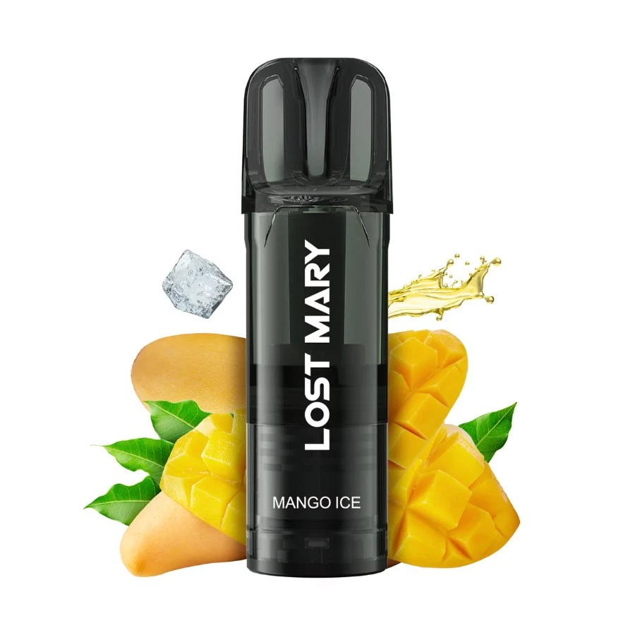 Cartucho negro Lost Mary Mango Ice con boquilla oscura, rodeado de mangos cortados, hojas verdes, un hielo y una salpicadura amarilla.