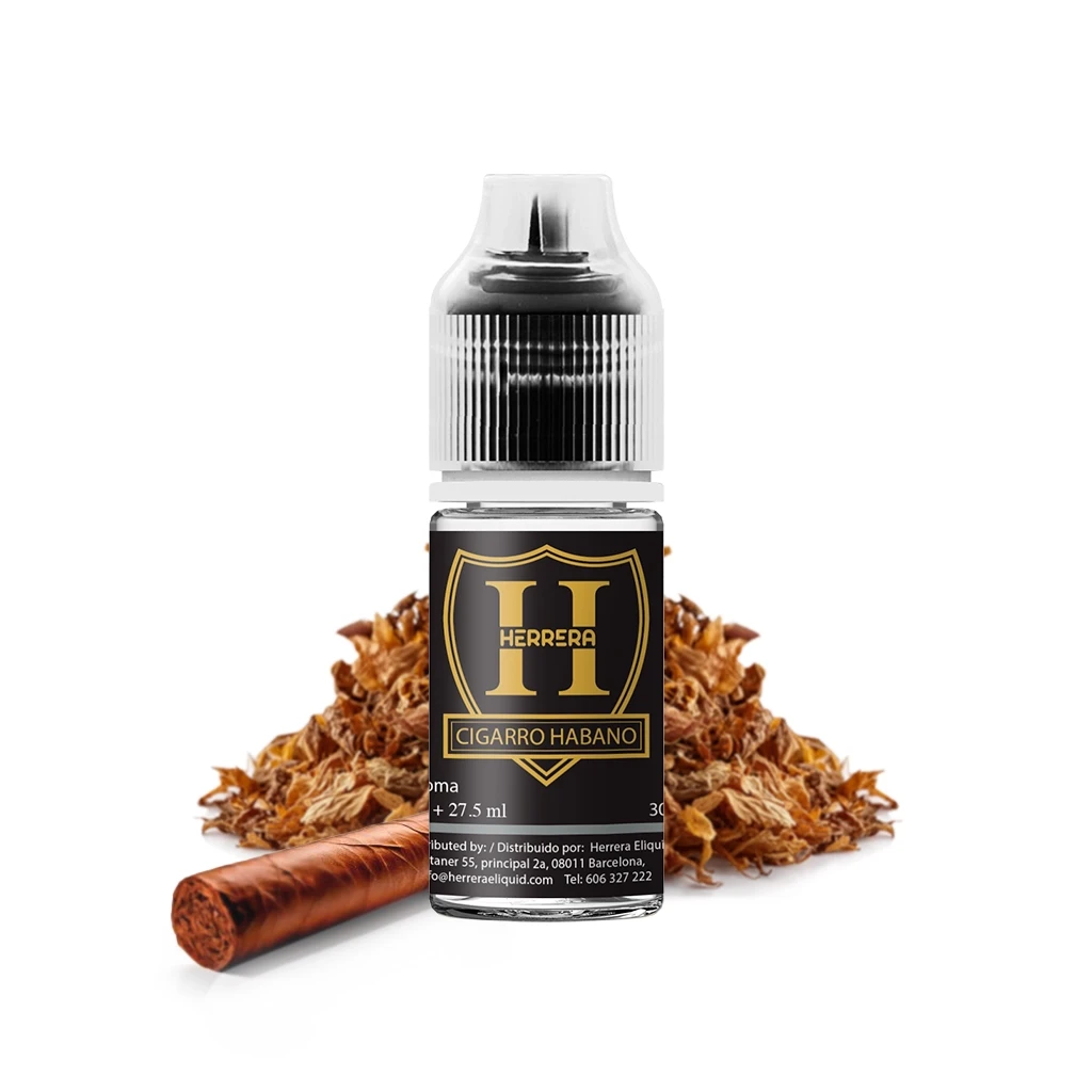Frasco Herrera Cigarro Habano con etiqueta negra y dorada y tapón transparente, delante de hojas de tabaco y un cigarro sobre fondo blanco.