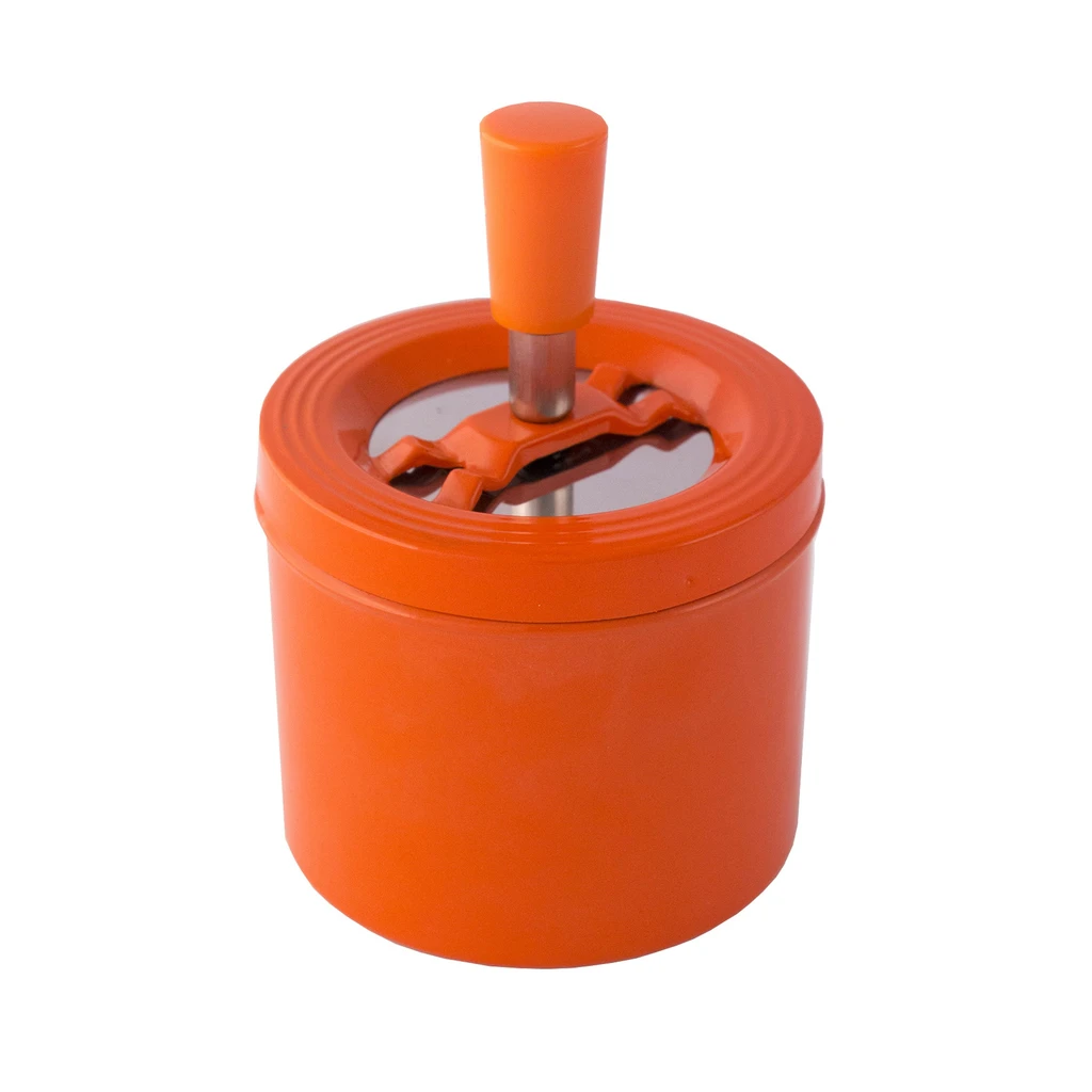Cenicero automático naranja de cuerpo cilíndrico, con pulsador elevado y bandeja metálica circular sobre fondo blanco.