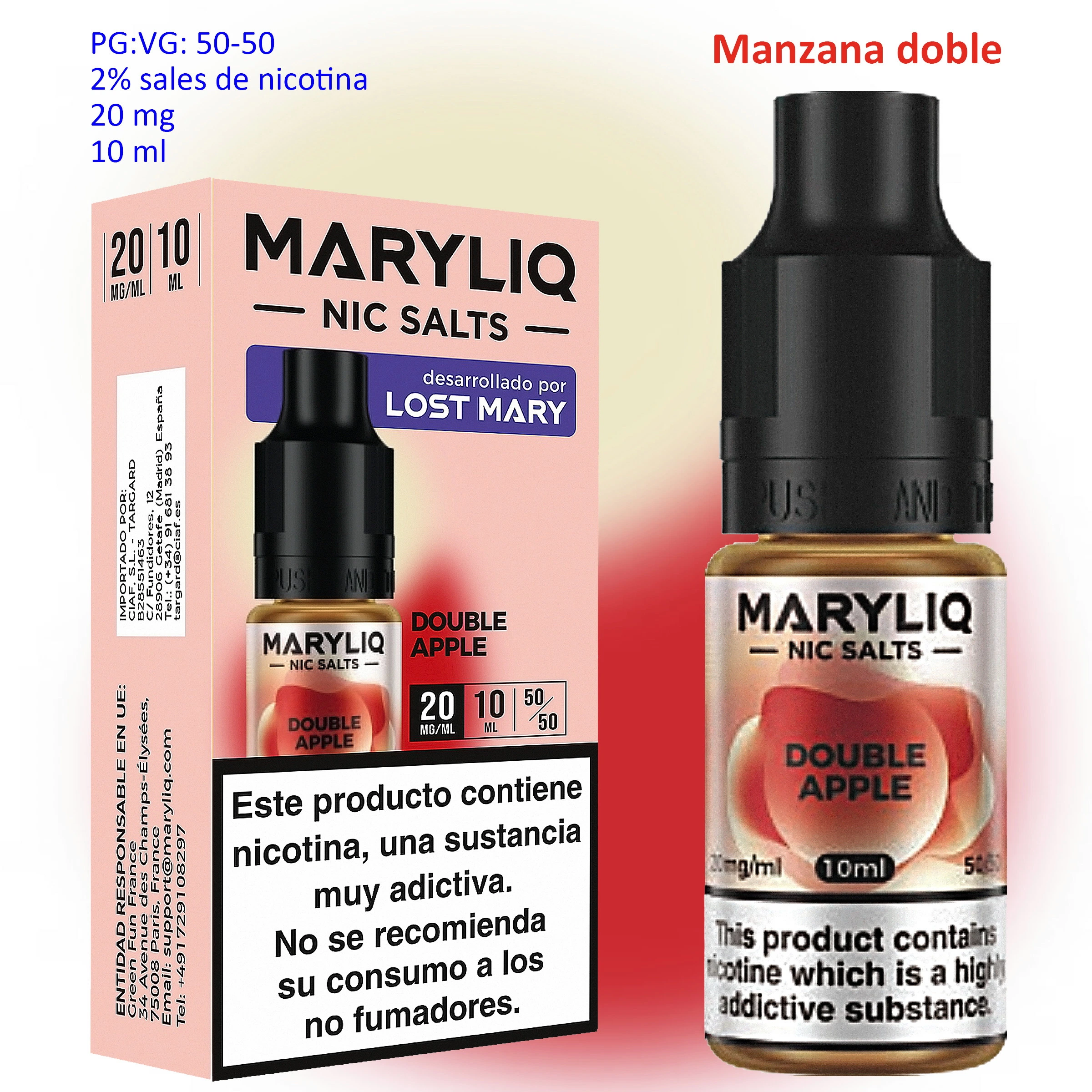 Frasco y caja rosa de MARYLIQ Double Apple, con ilustración de manzanas, indicaciones de 20 mg/ml y 10 ml y advertencias de nicotina.