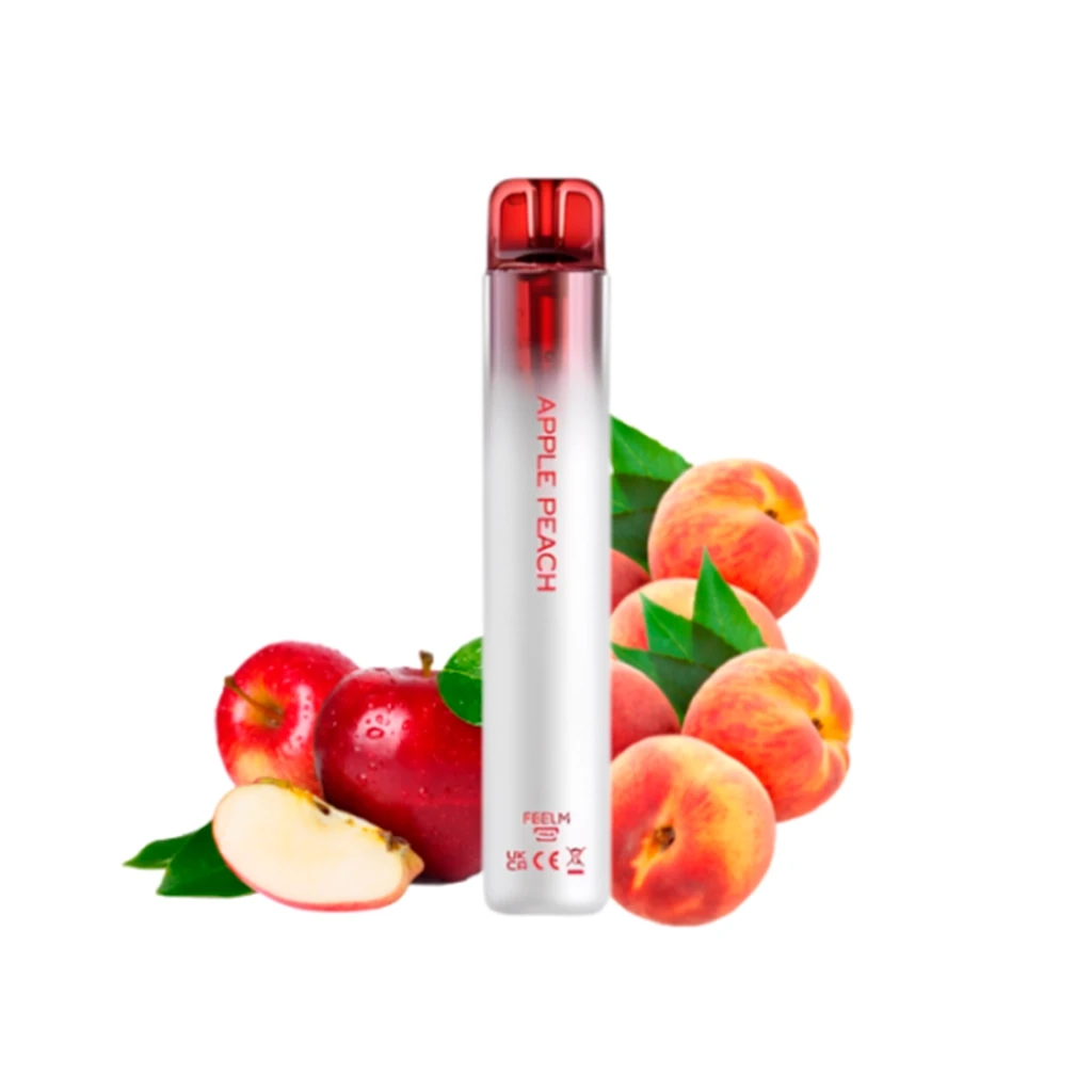 Vapeador alargado blanco con boquilla roja translúcida y texto Apple Peach, rodeado de manzanas, melocotones y hojas verdes.
