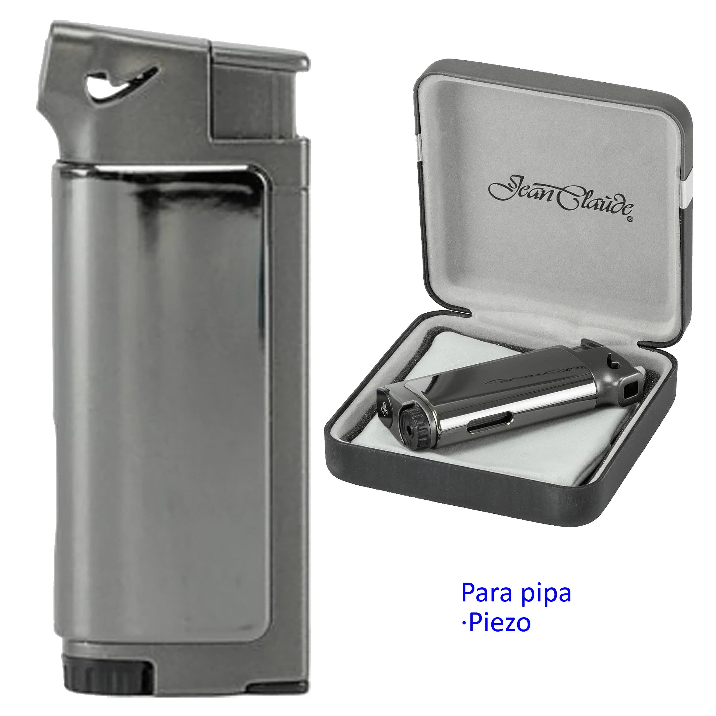 Encendedor gris para pipa con acabado brillante, mostrado de pie en primer plano y tumbado dentro de un estuche abierto.