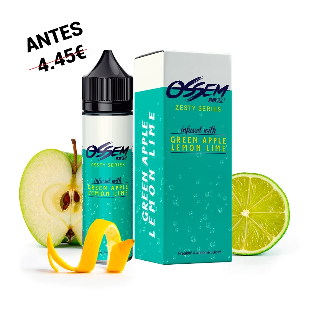 Botella Ossem Green Apple Lemon Lime con tapón negro y caja turquesa, acompañada de media manzana verde, media lima y piel de cítrico.