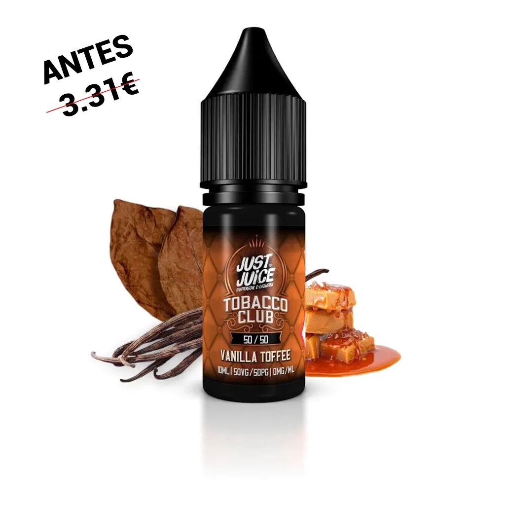 Frasco de Just Juice Tobacco Club Vanilla Toffee con tapón negro, junto a hojas de tabaco, vainas de vainilla y caramelos.