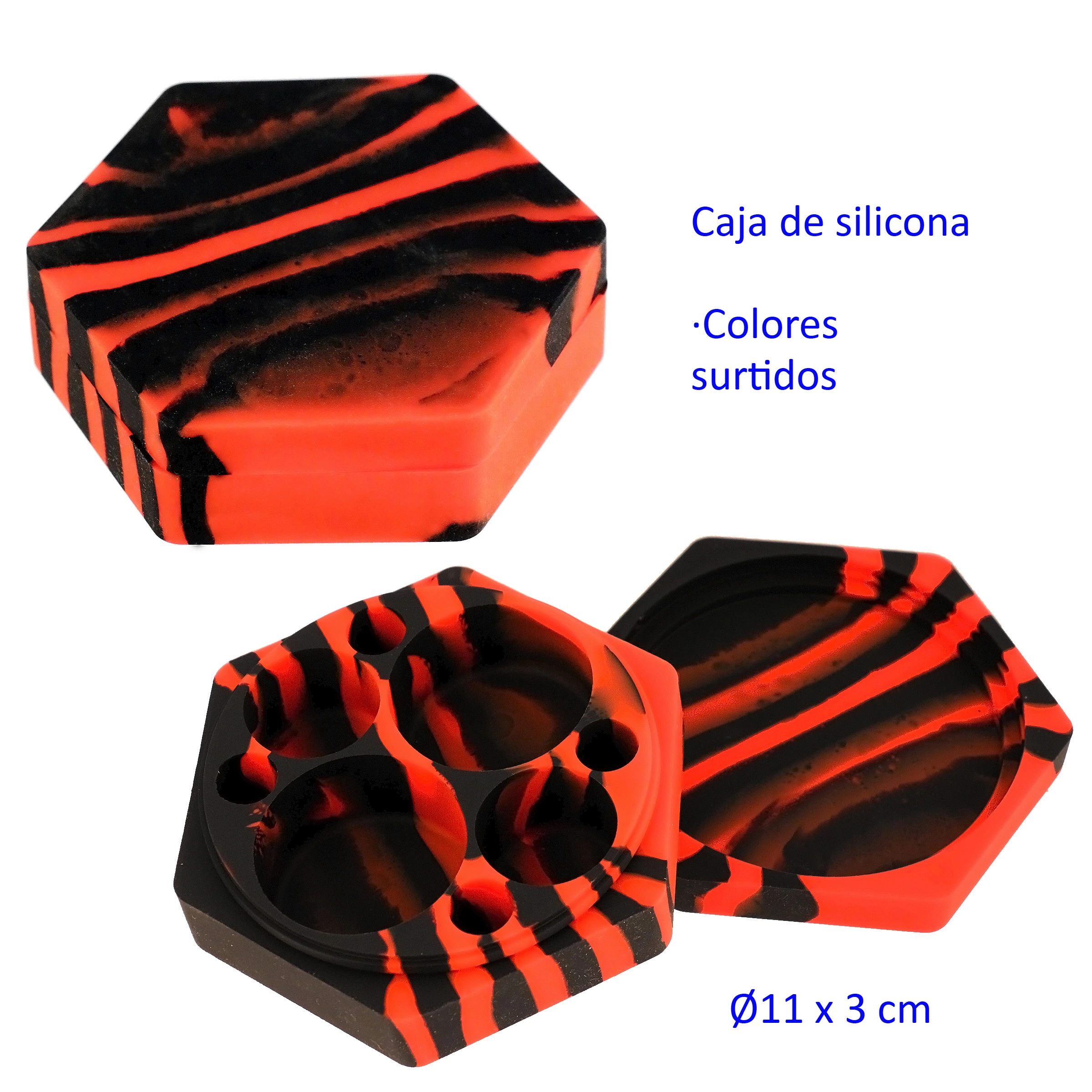 Caja hexagonal de silicona roja y negra, mostrada cerrada y abierta, con compartimentos circulares de varios tamaños.