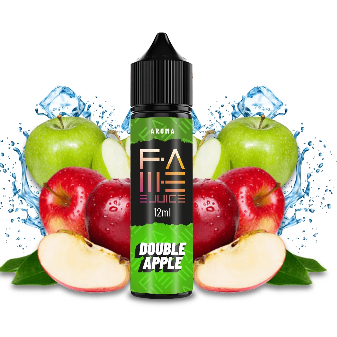 Frasco de aroma Double Apple de Fame Ejuice, de 12 ml, con tapón negro, rodeado de manzanas rojas y verdes, gajos, hielo y salpicaduras.