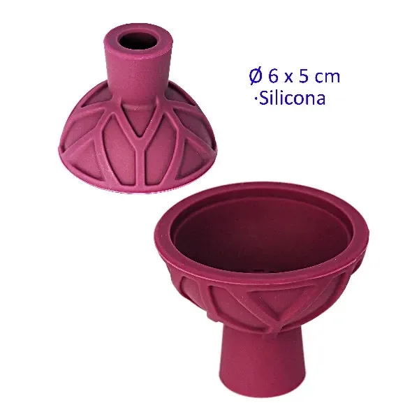 Cazoleta de silicona morada para cachimba en dos vistas, una invertida, con relieves geométricos exteriores y recipiente de borde circular.
