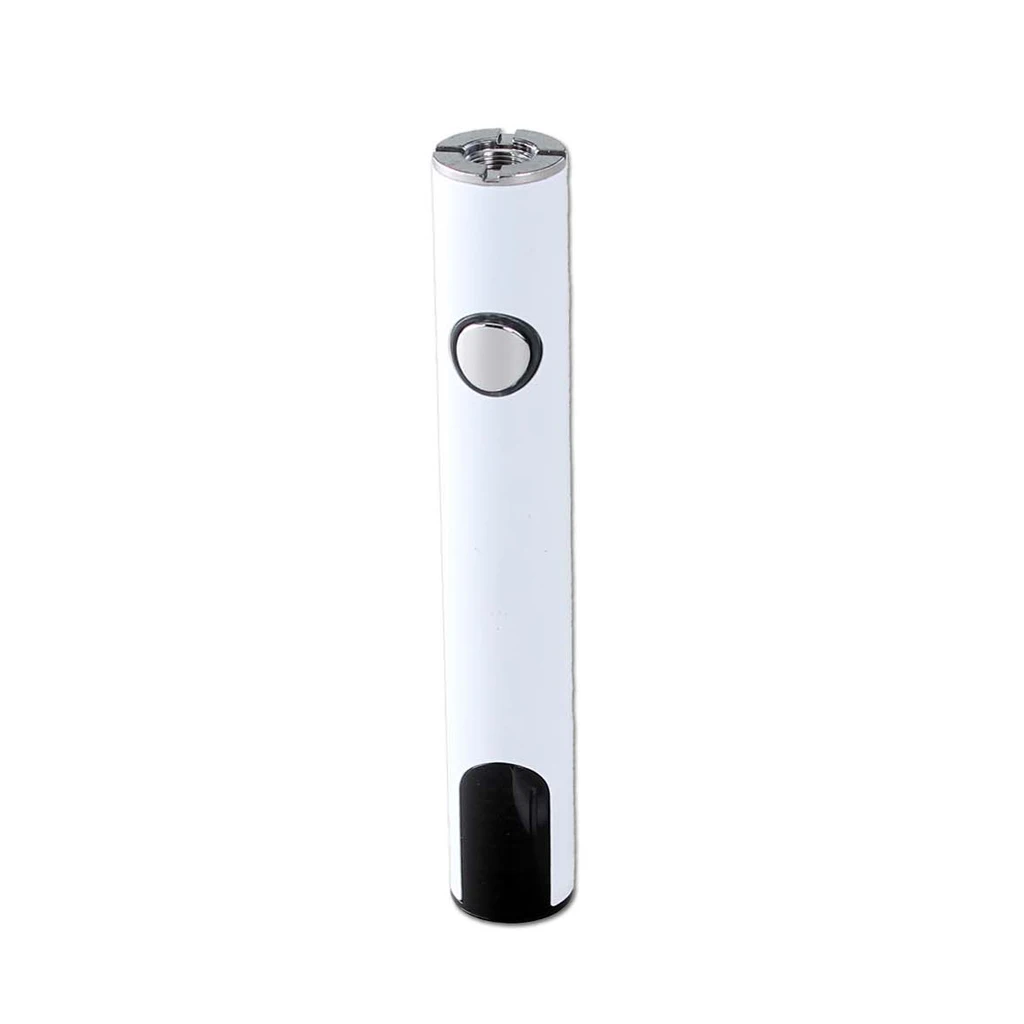 Batería cilíndrica blanca para cartucho de vapeador, con botón circular, conexión roscada superior y zona negra en la base.