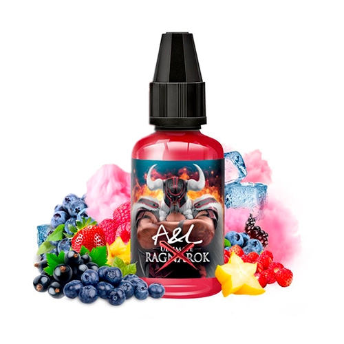 Frasco rojo de A&L Ultimate Ragnarok X con tapón negro, rodeado de frutos rojos, bayas, hielo y nubes rosas.