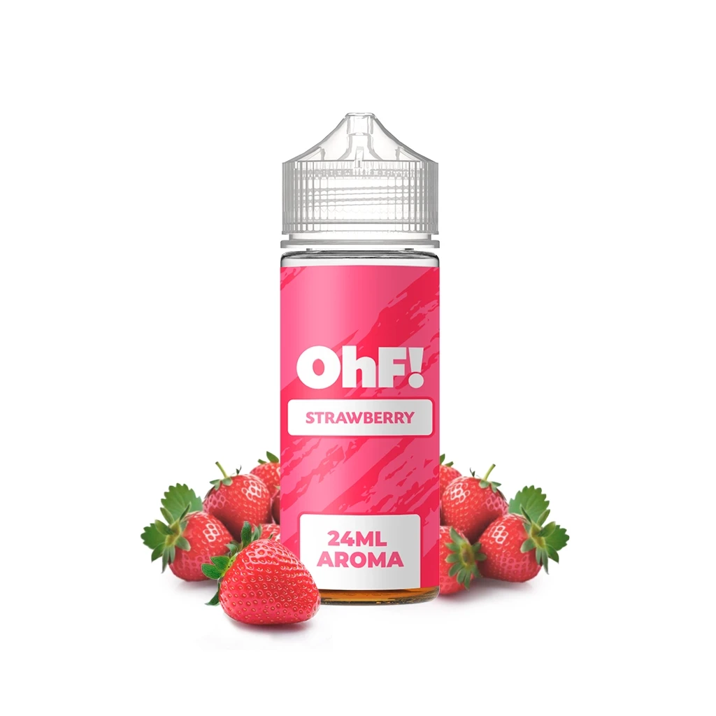 Bote de OhF! Strawberry Longfill con etiqueta rosa de 24 ml de aroma y tapón transparente, rodeado de fresas sobre fondo blanco.